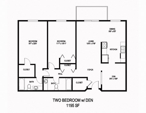 a floor plan of two bedroom w den and two baths